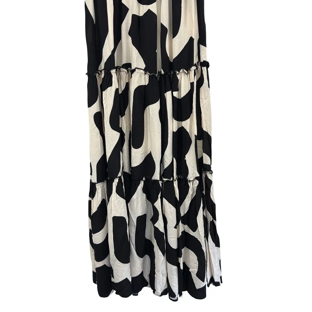 Abel The Label Black White Strapless Smocked Tiered Maxi Dress M NWT